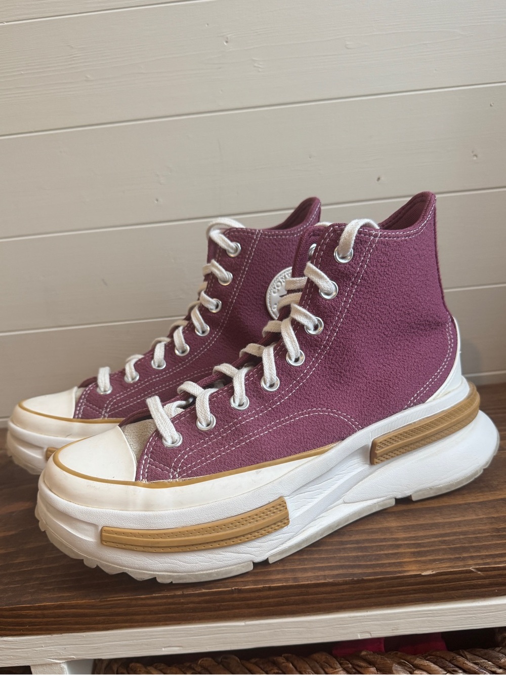 Converse High-Top Platform Sneakers in Plum and White